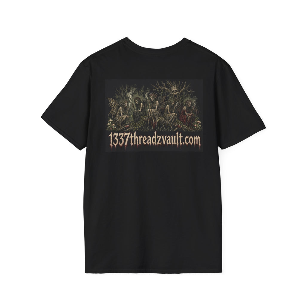 Vintage '5 Fairies' Round Patch T-Shirt — Retro Graphic Chest Tee