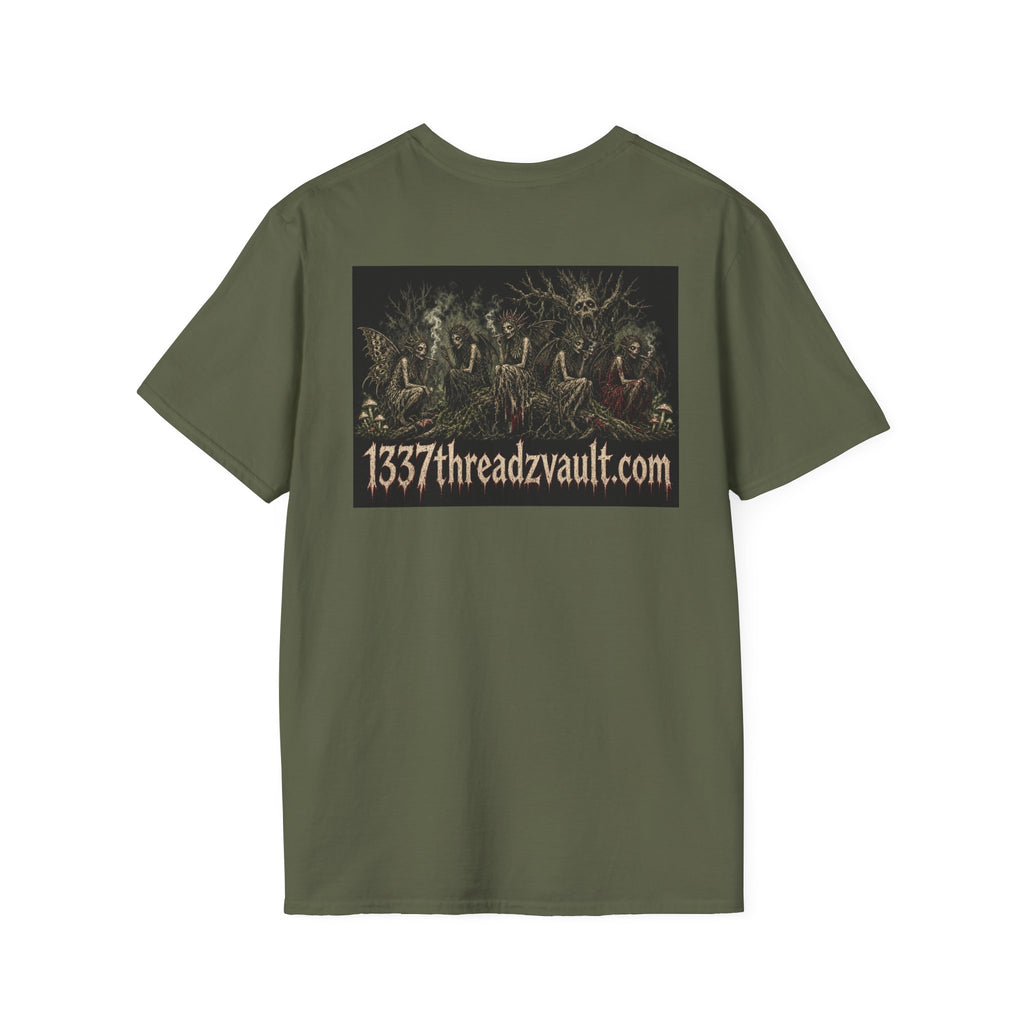 Vintage '5 Fairies' Round Patch T-Shirt — Retro Graphic Chest Tee